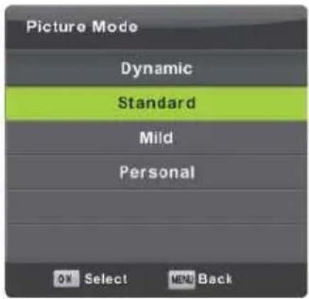 Picture Mode Dynamic Standard Mild Personal OK Select MENU Back