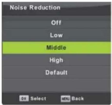 Noise Reduction Off Low Middle High Default OK Select MENU Back
