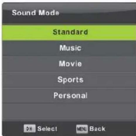 Sound Mode Standard Music Movie Sports Personal OK Select MENU Back