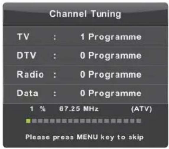 Channel Tuning TV : 1 Programme DTV : 0 Programme Radio : 0 Programme Data : 0 Programme 1 % 67.25 MHz (ATV) Please press MENU key to skip