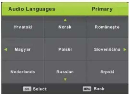 Audio Languages Primary Hrvatski Norsk Româneşte Magyar Polski Slovenščina Nederlands Russian Srpski Dx Select MENU Back