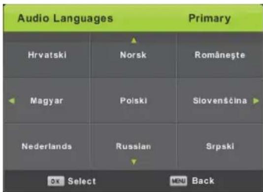 Audio Languages Primary Hrvatski Norsk Româneşte Magyar Polski Slovenščina Nederlands Russian Srpski OK Select MENU Back