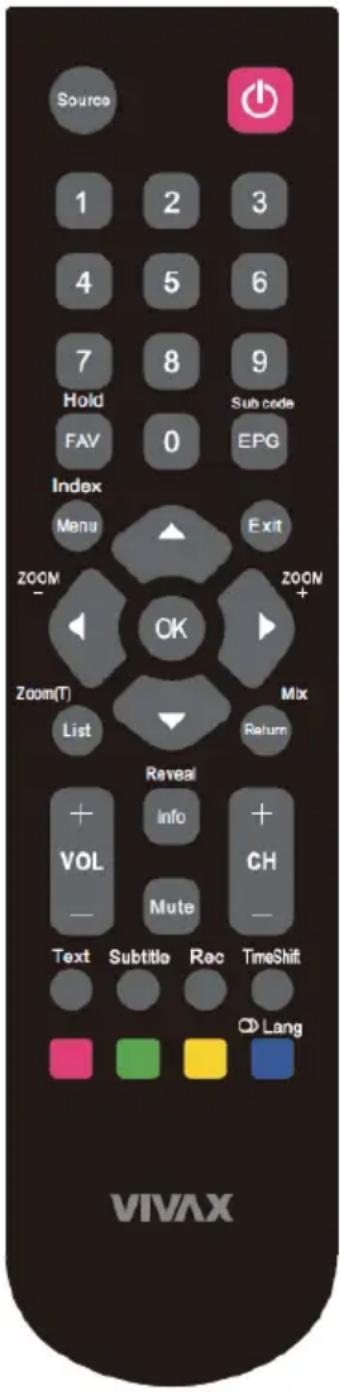Source 1 2 3 4 5 6 7 8 9 Hold Sub code FAV 0 EPG Index Menu Exit ZOOM + ZOOM - OK Zoom(T) Mix List Return Reveal + Info +VOL CH Mute Text Subtitle Rec TimeShift OD Lang VIVAX