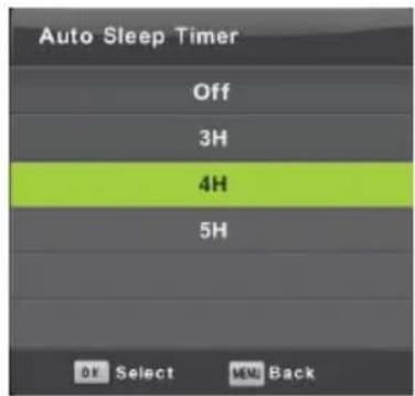 Auto Sleep Timer Off 3H 4H 5H OK Select MENU Back