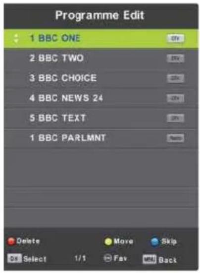 Programme Edit 1 BBC ONE 2 BBC TWO 3 BBC CHOICE 4 BBC NEWS 24 5 BBC TEXT 1 BBC PARLMNT Delete Move Skip Select 1/1 Fav Back