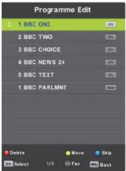 Programme Edit 1 BBC ONE 2 BBC TWO 3 BBC CHOICE 4 BBC NEWS 24 5 BBC TEXT 1 BBC PARLMNT Delete Move Skip OK Select 1/1 Fav Back