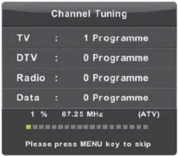 Channel Tuning TV : 1 Programme DTV : 0 Programme Radio : 0 Programme Data : 0 Programme 1 % 67.25 MHz (ATV) Please press MENU key to skip