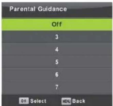 Parental Guidance Off 3 4 5 6 7 OK Select MENU Back
