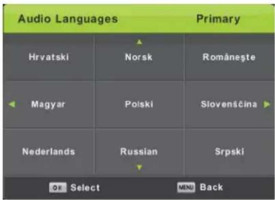 Audio Languages Primary Hrvatski Norsk Româneşte Magyar Polski Slovensćina Nederlands Russian Srpski OK Select MENU Back
