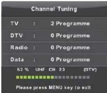Channel Tuning TV : 2 Programme DTV : 0 Programme Radio : 0 Programme Data : 0 Programme 52 % UHF CH 23 (DTV) Please press MENU key to exit