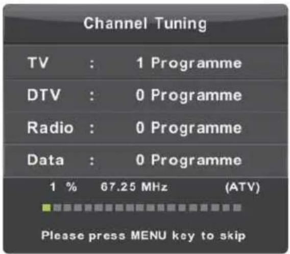 Channel Tuning TV : 1 Programme DTV : 0 Programme Radio : 0 Programme Data : 0 Programme 1 % 67.25 MHz (ATV) Please press MENU key to skip