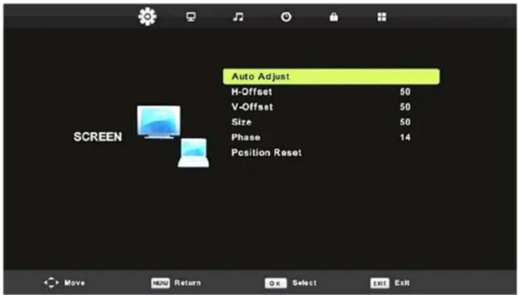 Auto Adjust H-Offset 50 V-Offset 50 Size 50 Phase 14 Position Reset SCREEN