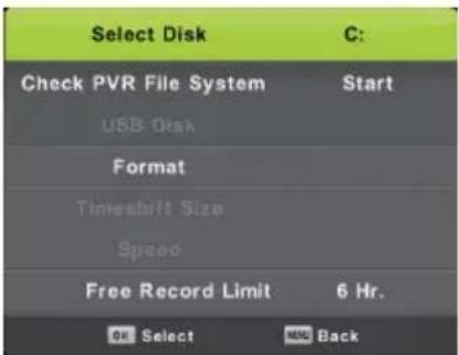 Select Disk C: Check PVR File System Start USB Disk Format Timestamp Size Speed Free Record Limit 6 Hr. OK Select MSD Back