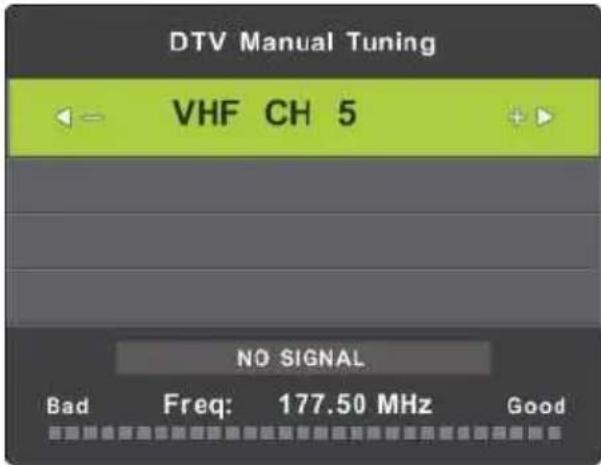 DTV Manual Tuning VHF CH 5 NO SIGNAL Bad Freq: 177.50 MHz Good
