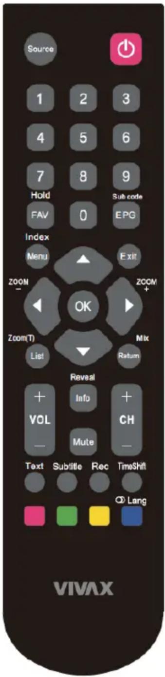 Source 1 2 3 4 5 6 7 8 9 Hold Sub code FAV 0 EPG Index Menu Exit ZOOM + OK ZOOM+ Zoom(T) Mix List Return Reveal + Info + VOL CH Mute Text Subtitle Rec TimeShift Q Lang VIVAX