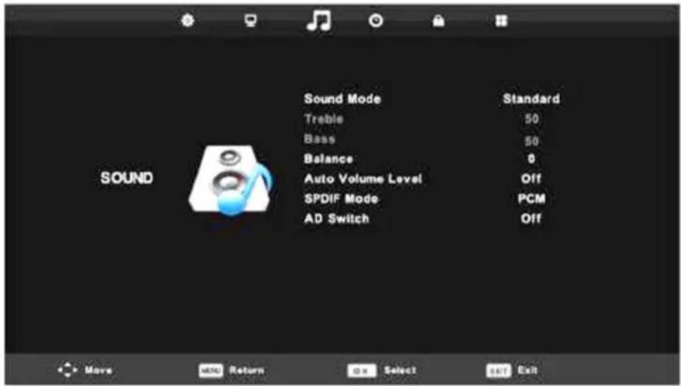 Sound Mode Trable 50 Bass 50 Balance 0 Auto Volume Level Off SPDIF Mode PCM AD Switch Off Sound