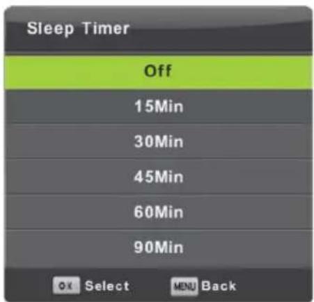 Sleep Timer Off 15Min 30Min 45Min 60Min 90Min OK Select MENU Back