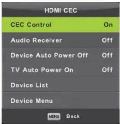 HDMI CEC CEC Control On Audio Receiver Off Device Auto Power Off Off TV Auto Power On Off Device List Device Menu MENU Back