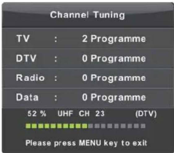 Channel Tuning TV : 2 Programme DTV : 0 Programme Radio : 0 Programme Data : 0 Programme 52 % UHF CH 23 (DTV) Please press MENU key to exit