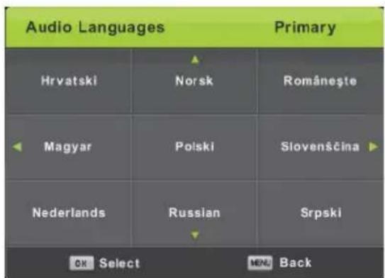 Audio Languages Primary Hrvatski Norsk Româneşte Magyar Polski Slovenščina Nederlands Russian Srpski OK Select MEN Back