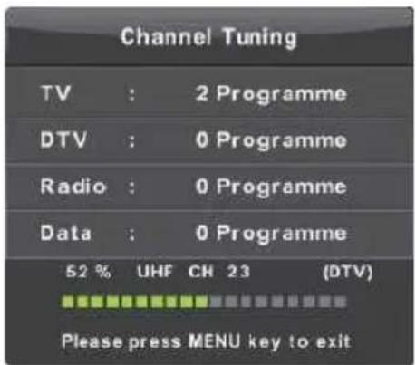 Channel Tuning TV : 2 Programme DTV : 0 Programme Radio : 0 Programme Data : 0 Programme 52 % UHF CH 23 (DTV) Please press MENU key to exit