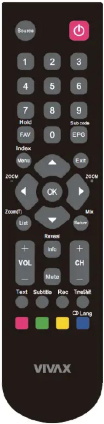 Source 1 2 3 4 5 6 7 8 9 Hold Sub code FAV 0 EPG Index Menu Exit ZOOM - OK ZOOM+ Zoom(T) Mix List Return Reveal + Info + VOL CH - Mute - Text Subtitle Rec TimeShift OD Lang VIVAX