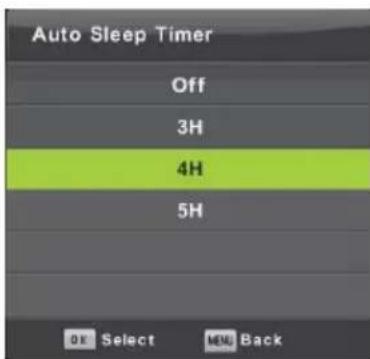 Auto Sleep Timer Off 3H 4H 5H OK Select MEN Back