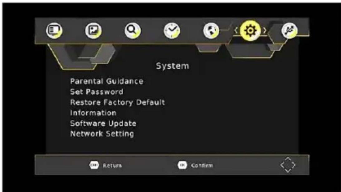 System Parental Guidance Set Password Restore Factory Default Information Software Update Network Setting Return Confirm