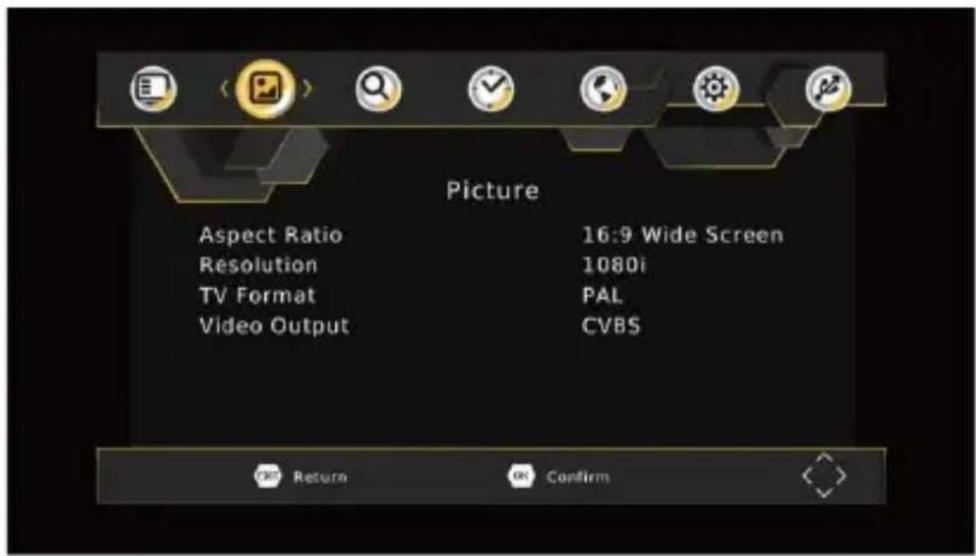 Picture Aspect Ratio Resolution TV Format Video Output 16:9 Wide Screen 1080i PAL CVBS Return OK Confirm