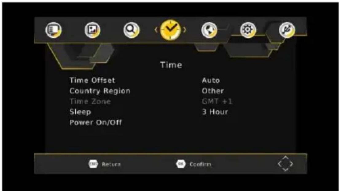 Time Time Offset Country Region Time Zone Sleep Power On/Off Auto Other GMT +1 3 Hour Return Confirm
