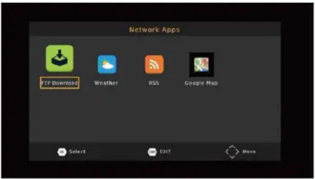 Network Apps FTP Download Weather RSS Google Map Select Exit Move