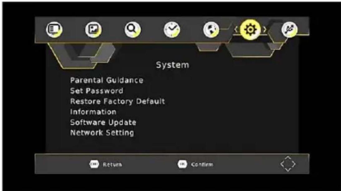 System Parental Guidance Set Password Restore Factory Default Information Software Update Network Setting Return Confirm