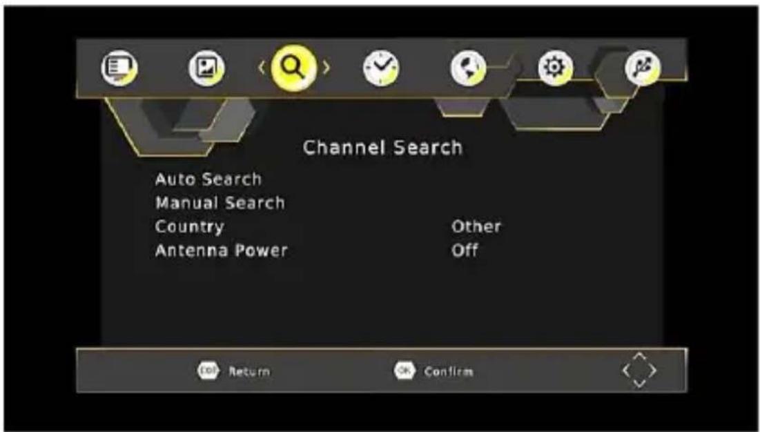 Channel Search Auto Search Manual Search Country Antenna Power Other Off Return Confirns