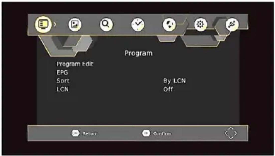Program Program Edit EPG Sort LCN By LCN Off Return Confirm