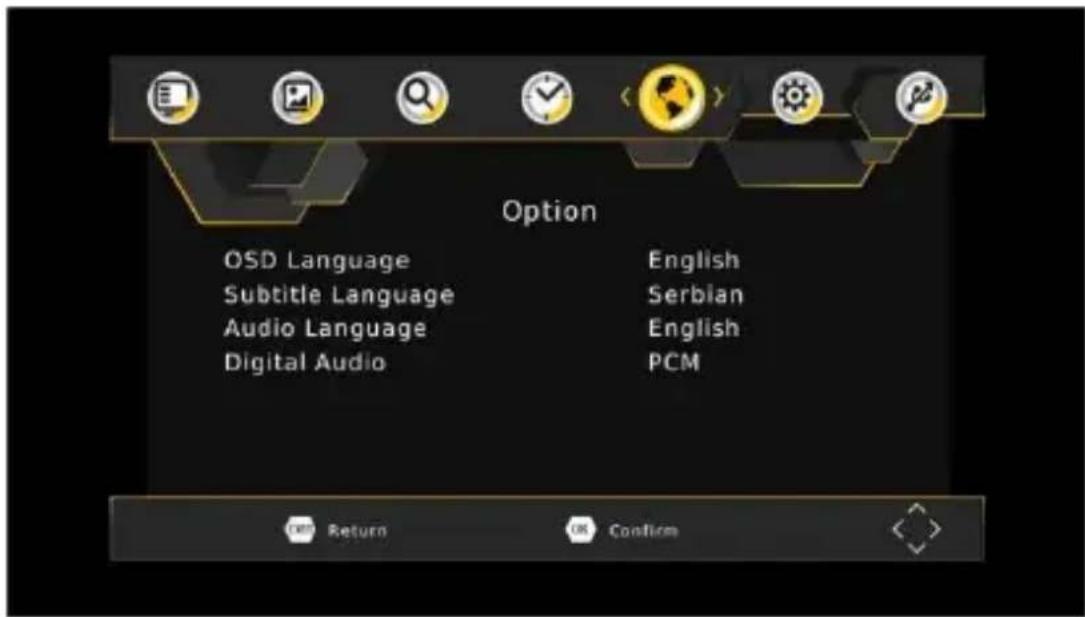 Option OSD Language Subtitle Language Audio Language Digital Audio English Serbian English PCM Return OK Confirm