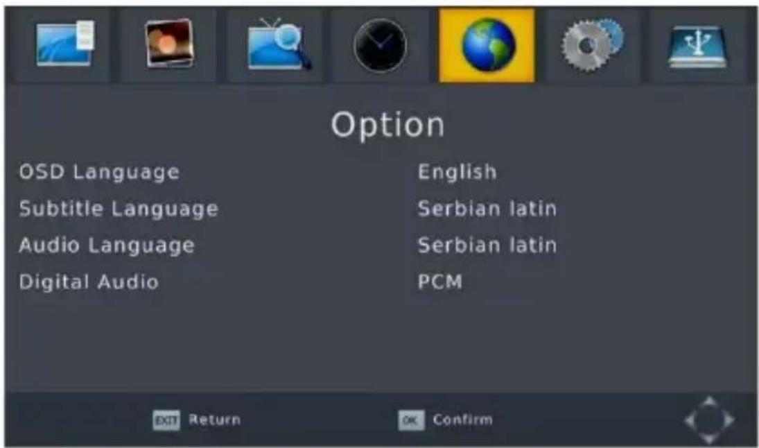 Option OSD Language English Subtitle Language Serbian latin Audio Language Serbian latin Digital Audio PCM EXIT Return OK Confirm