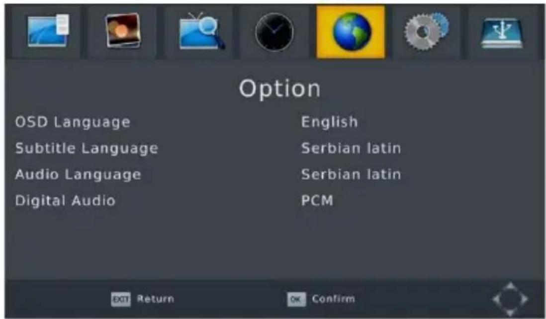 Option OSD Language English Subtitle Language Serbian latin Audio Language Serbian latin Digital Audio PCM EXIT Return OK Confirm