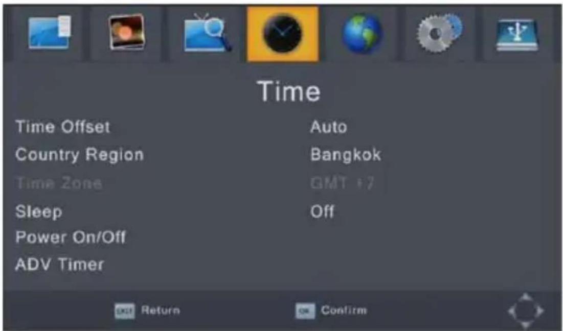 Time Time Offset Auto Country Region Bangkok Time Zone GMT +7 Sleep Off Power On/Off ADV Timer Out Return OK Confirm