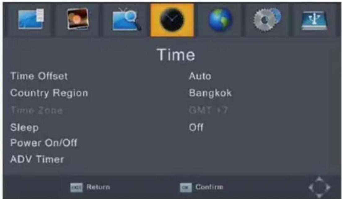 Time Time Offset Auto Country Region Bangkok Time Zone GMT +7 Sleep Off Power On/Off ADV Timer EXIT Return OK Confirm