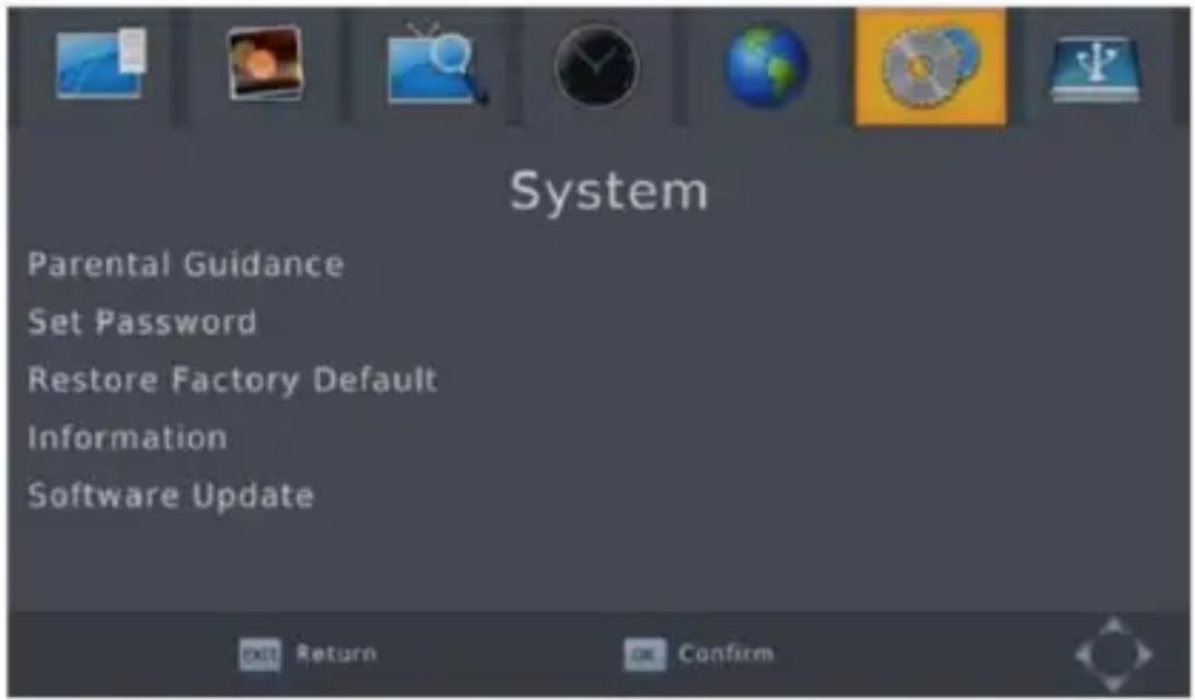 System Parental Guidance Set Password Restore Factory Default Information Software Update