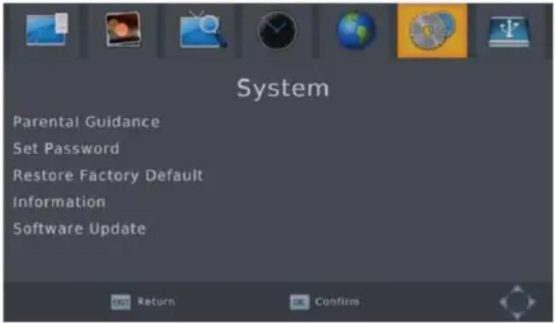 System Parental Guidance Set Password Restore Factory Default Information Software Update
