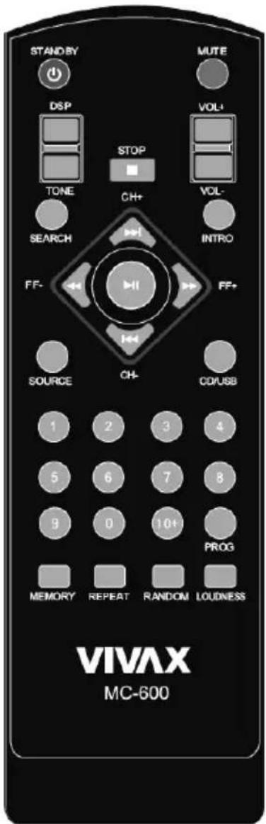 STAND BY DSP STOP TONE CH+ VOL- SEARCH INTRO FF- FF+ SOURCE CH+ CD/USB 1 2 3 4 5 6 7 8 9 0 10+ PROG MEMORY REPEAT RANDOM LOUDNESS VIVAX MC-600