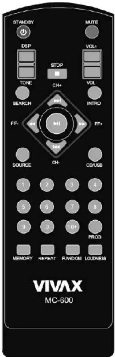 STAND BY DSP STOP TONE CH+ VOL- SEARCH FF- INTRO FF+ SOURCE CH+ CD/USB 1 2 3 4 5 6 7 8 9 0 10+ PROG MEMORY REPEAT RANDOM LOUDNESS VIVAX MC-600