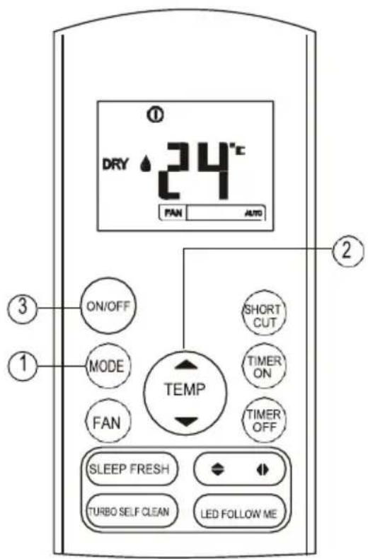 DRY 24°C PAN AUTO ON/OFF MODE FAN TEMP SHORT CUT TIMER ON TIMER OFF SLEEP FRESH TURBO SELF CLEAN LED FOLLOW ME