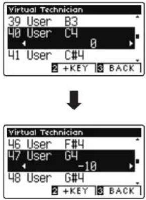 Virtual Technician 39 User B3 40 User C4 0 41 User C#4 2 +KEY 3 BACK ↓ Virtual Technician 46 User F#4 47 User G4 -10 48 User G#4 2 +KEY 3 BACK