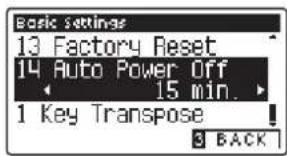 Basic Settings 13 Factory Reset 14 Auto Power Off 15 min. 1 Key Transpose 3 BACK