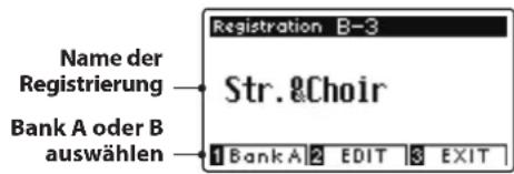 Name der Registrierung Bank A oder B auswählen Registration B-3 Str. & Choir 1 Bank A 2 EDIT 3 EXIT