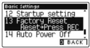 Basic Settings 12 Startup setting 13 Factory Reset Reset→Press REC 14 Auto Power Off 3 BACK