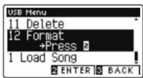 USB Menu 11 Delete 12 Format →Press # 1 Load Song 2 ENTER 3 BACK