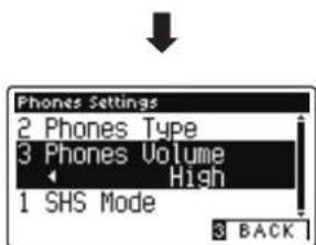 Phones Settings 2 Phones Type 3 Phones Volume High 1 SHS Mode BACK